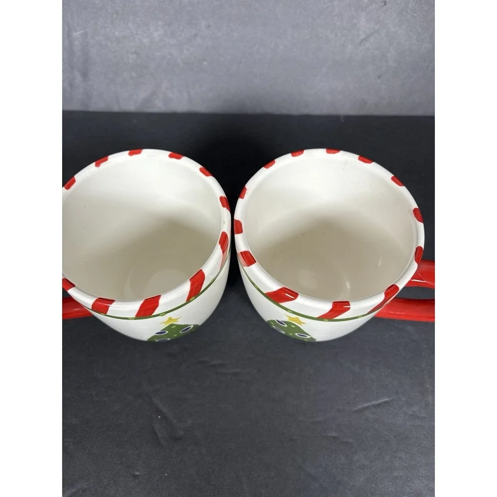 Pier 1 Christmas Tree Mugs Set of 2 Candy Cane Stripe Ironstone Holiday